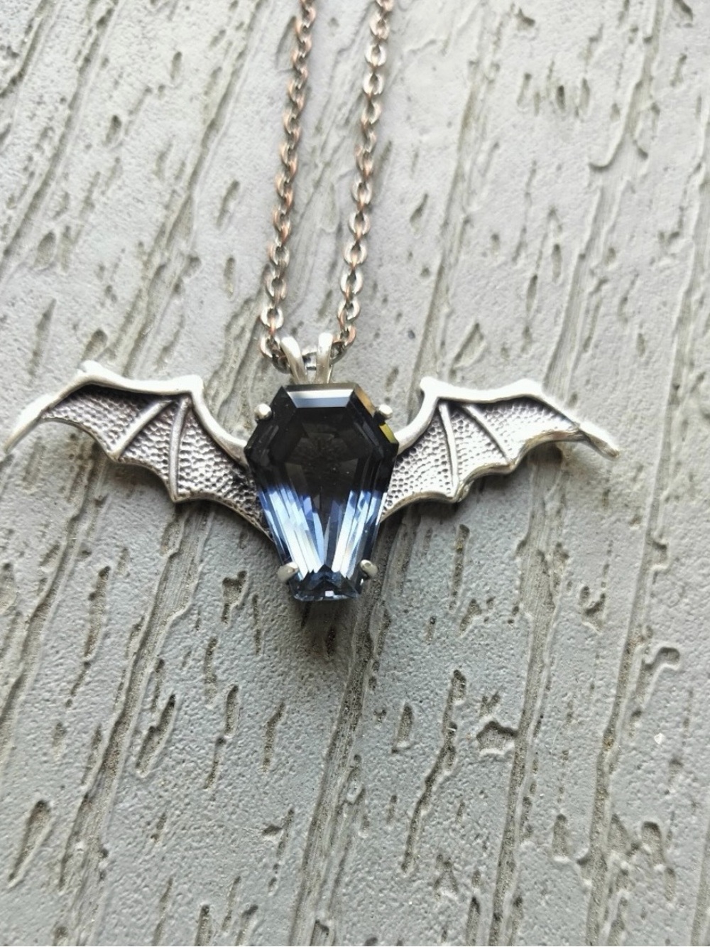 Bat Wing Pendant Necklace with Blue Crystal